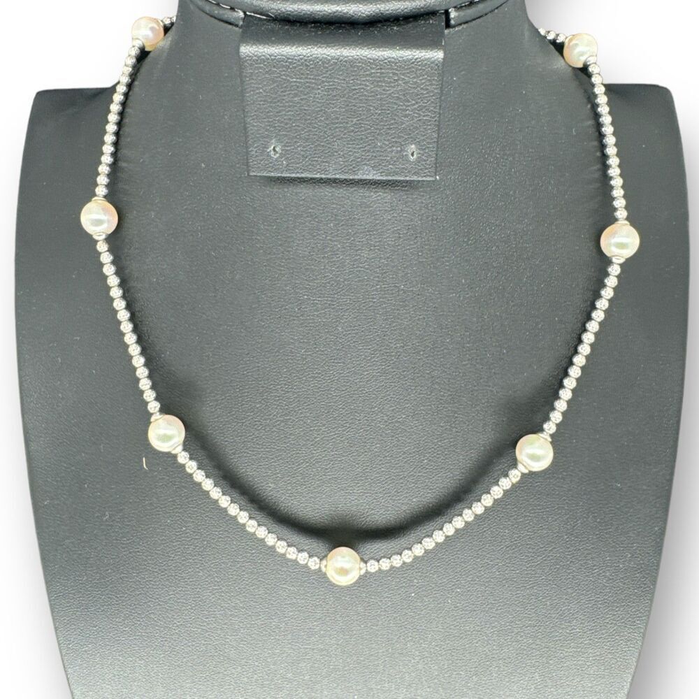 Sterling Silver Popcorn Chain Bead Faux Pearl Necklace Lobster Claw Clasp 17"